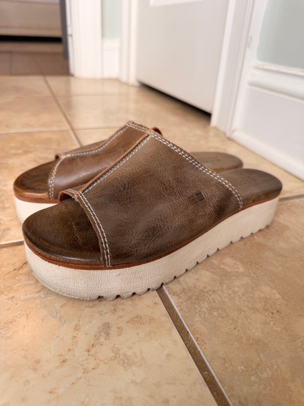 Bed Stu Brown Leather Platform Slide Mules with White Sole